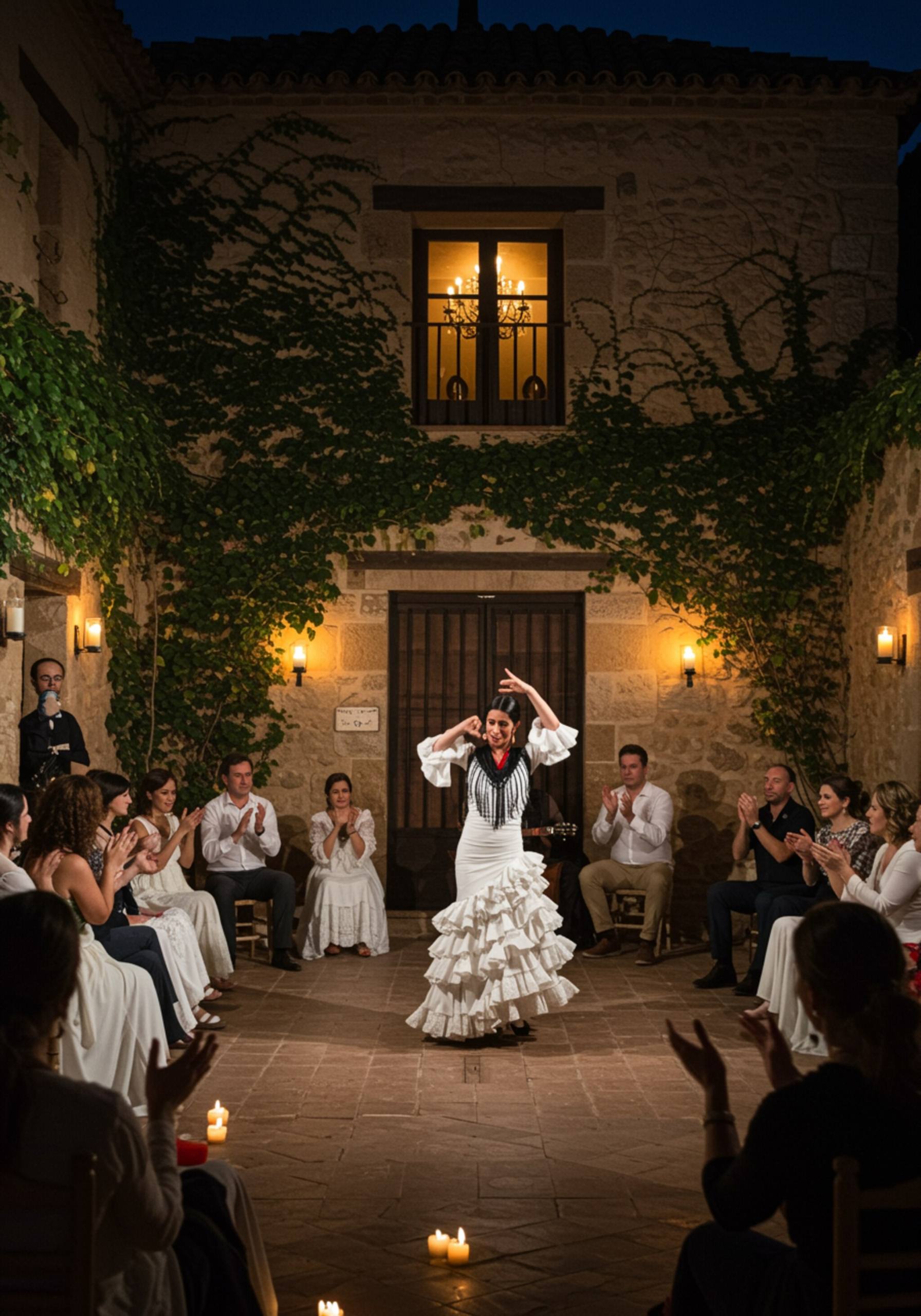 "Flamenco en un patio andaluz nocturno con bailarín y espectadores aplaudiendo entre paredes de piedra y luz de velas."