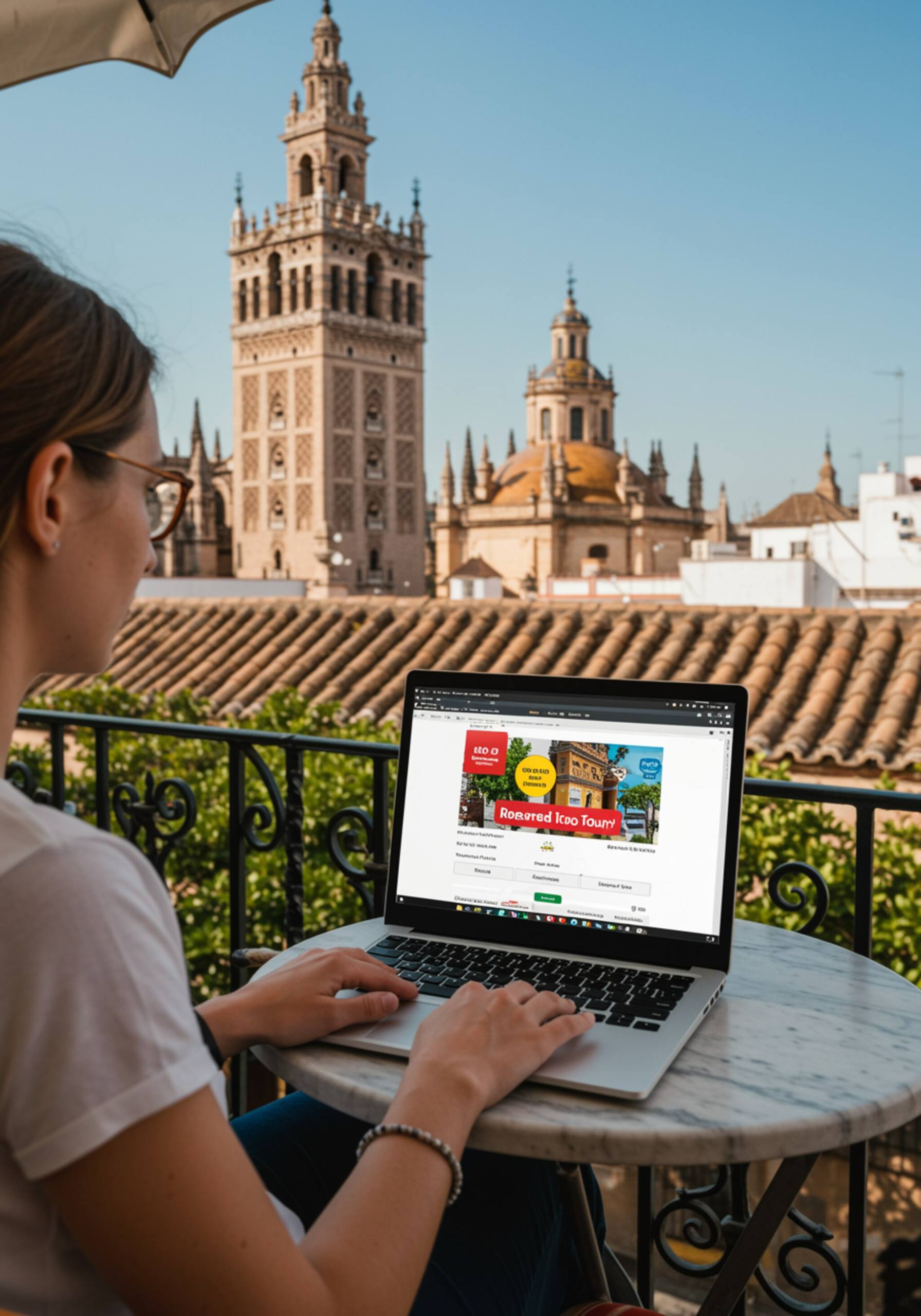 "Viajero en una terraza soleada de Sevilla, utilizando su laptop para reservar un tour cultural online, con la Giralda y techos de terracota de fondo."