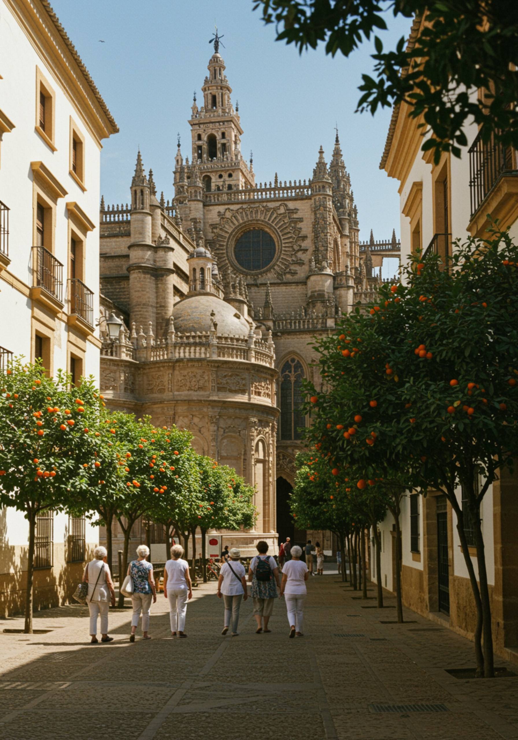 "Grupo de turistas explorando la catedral de Sevilla y el pueblo de Carmona en un tour guiado, rodeados de arquitectura morisca y patios llenos de naranjos."