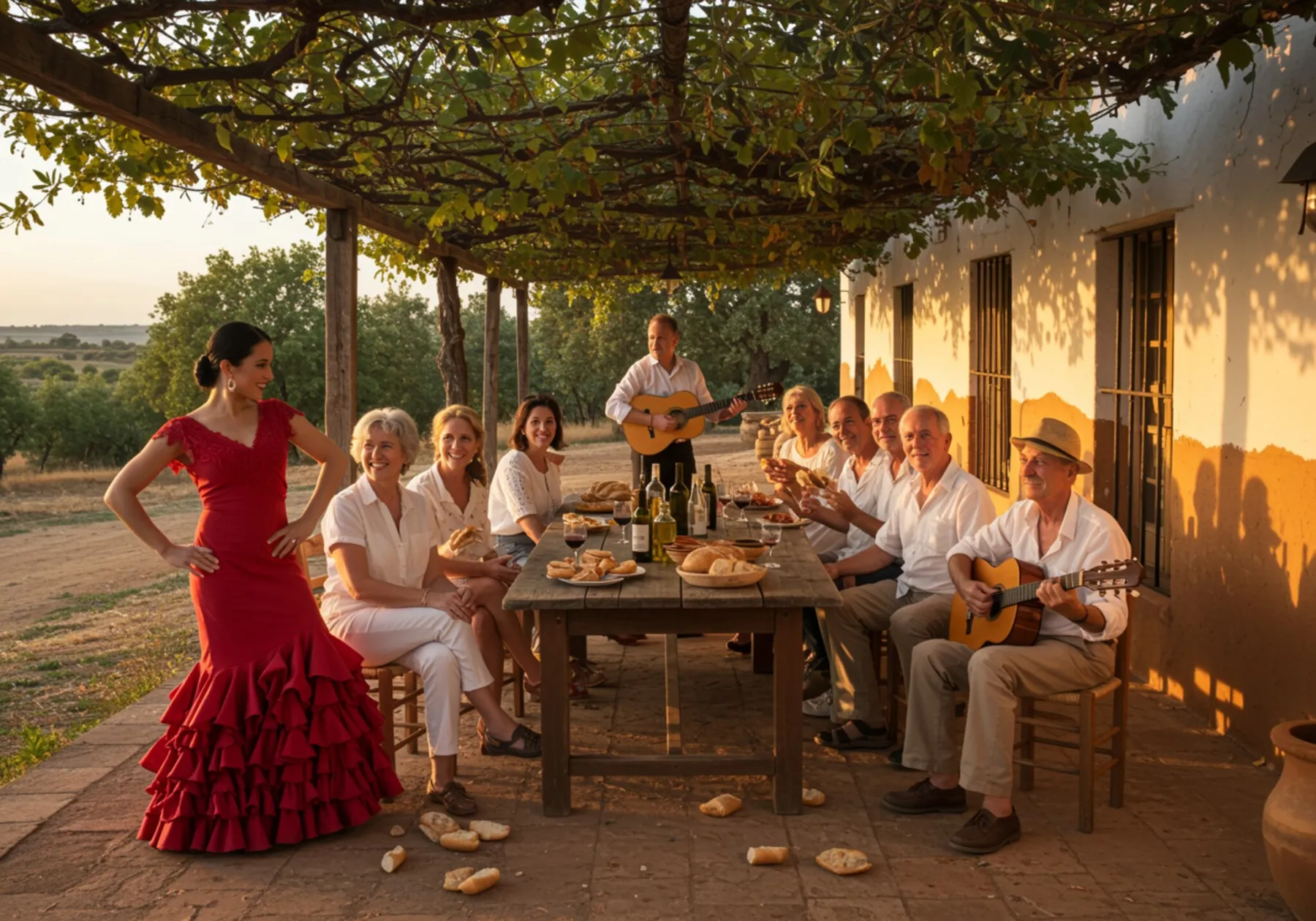 imagen46 2 "Grupo de viajeros disfrutando de una auténtica experiencia andaluza en una hacienda rústica cerca de Carmona, compartiendo tapas, vino y flamenco al atardecer."